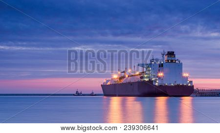 Lng Tanker - Sunrise Over The Sea Gas Terminal