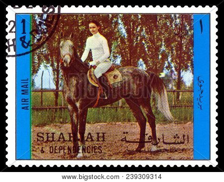 Stavropol, Russia - April 15, 2018: Stamp Printed By Sharjah, Shows  Equestrienne ,  Horse Riding Se