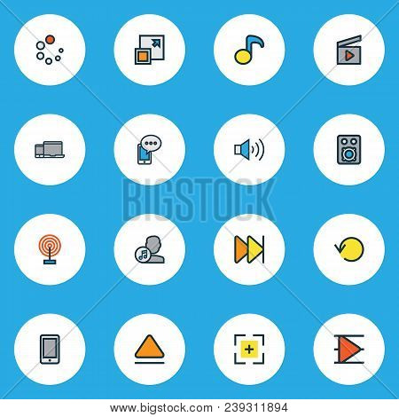 Music Icons Colored Line Set With Eject, Smartphone, Loading And Other Waiting Elements. Isolated Ve