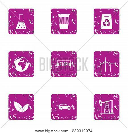 Stop Pollution Icons Set. Grunge Set Of 9 Stop Pollution Vector Icons For Web Isolated On White Back