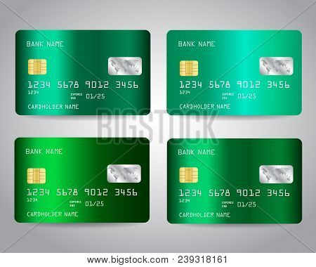 Realistic Detailed Credit Cards Set With Emerald Green Abstract Metallic Gradinet Design Background.