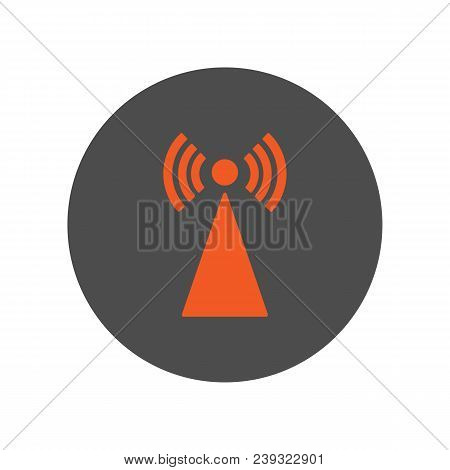 Orange Cell Tower. Antenna. Round Button. Vector Flat Icon.