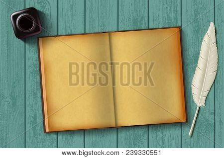 Paper Notepad And Feather With An Inkwell On A Wooden Table. Vintage Retro Background. Blank Old Dia