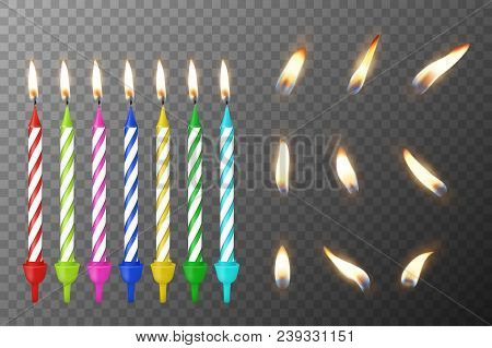 Vector 3d Realistic Different Birthday Party Colofful Wax Paraffin Burning Cake Candle And Different