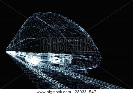 Abstract Polygonal High-speed Passenger Train. Traveling Concept. 3d Illustration On Black Backgroun