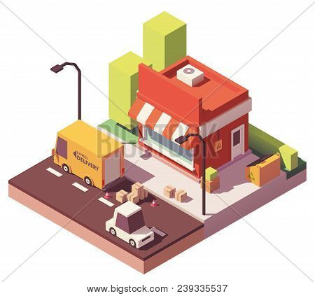 Vector Low Poly Shop And Truck Unloading Boxes With Goods Icon