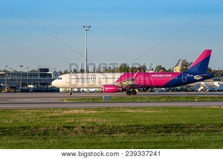 Gdansk, Poland - May 5, 2018: Passenger Plane Of Wizz Air Taxiing At Lech Walesa Airport In Gdansk.