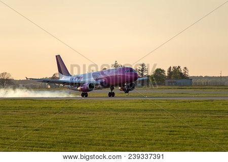 Gdansk, Poland - May 5, 2018: Passenger Airplane Of Wizz Air Landing At Lech Walesa Airport In Gdans