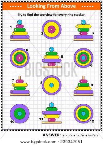 Math Visual Puzzle Or Picture Riddle With Colorful Wooden Ring Stacking Toys: Try To Find The Top Vi