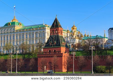 Taynitskaya Tower Closeup On The Background Of Moscow Kremlin Buildings