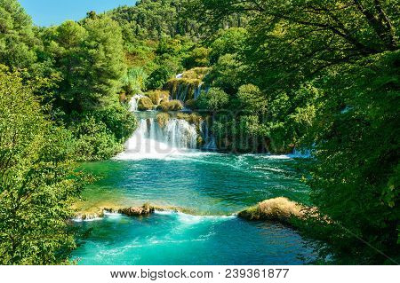 Beautiful Waterfall In Krka, National Park In Dalmatia Region, Croatia