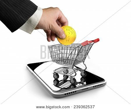 Hand Holding Golden Question Mark Digital Coin With Shopping Cart On Smart Pohne, Isolated On White 