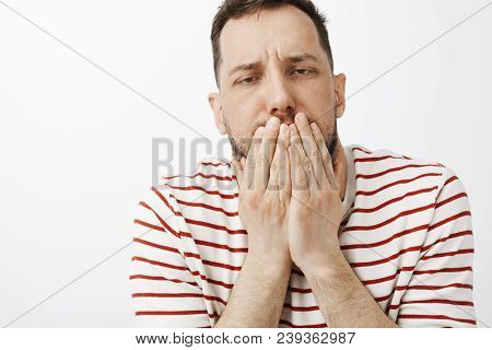 Guy Drink Lots Of Alcohol, Feeling Hangover And Stomach Disorder. Portrait Of Sick Funny Guy In Casu