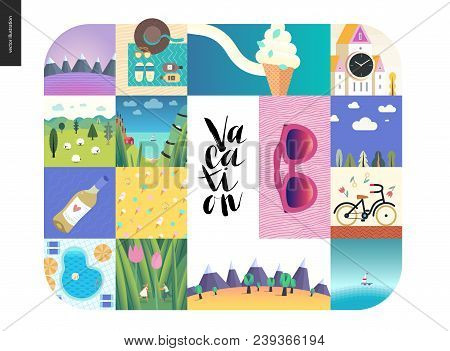 Simple Things - Vacation - Set Cartoon Vector Illustration - Mountain, Countryside And Sea Landscape