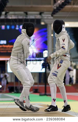 ST. PETERSBURG, RUSSIA - MAY 4, 2018: Andrey Matveev, Russia vs Janderson Briceno, Venezuela in first competition day of Fencing World Cup Saint-Petersburg Foil. The tournament is hold in 44th time