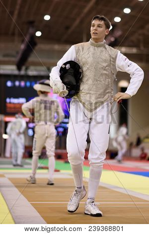 ST. PETERSBURG, RUSSIA - MAY 4, 2018: Luis Klein, Germany in first competition day of Fencing World Cup Saint-Petersburg Foil. This annual tournament is hold in 44th time