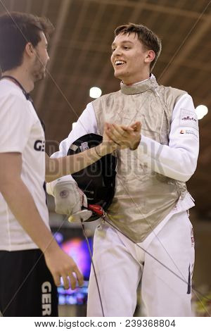 ST. PETERSBURG, RUSSIA - MAY 4, 2018: Luis Klein, Germany in first competition day of Fencing World Cup Saint-Petersburg Foil. This annual tournament is hold in 44th time