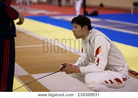 ST. PETERSBURG, RUSSIA - MAY 4, 2018: Chen Li, China in first competition day of Fencing World Cup Saint-Petersburg Foil. This annual tournament is hold in 44th time