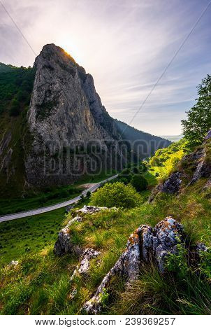 Road In Canyon Of Trascau Mountains In The Morning. Lovely Scenery Of Carpathian Landscape In Spring