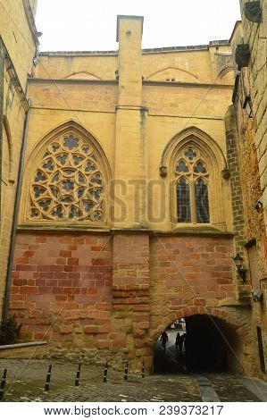 Masterly Cathedral With Its Abovered Windows In The Fortified Town Of Getaria. Architecture Middle A