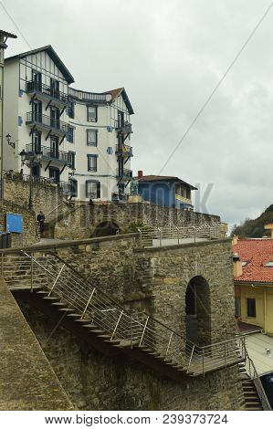 Picturesque And Typical Building In The Fortified Town Of Getaria. Architecture Middle Ages Travel. 