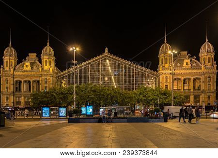 Budapest, Hungary - May 5, 2018: Nyugati Railway Station At Night In Budapest. One Of The Most Usefu