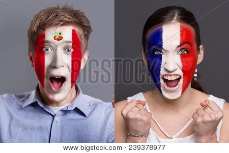 Emotional Soccer Fans With Painted Peru And France Flags On Faces. Confrontation Of Football Team Su