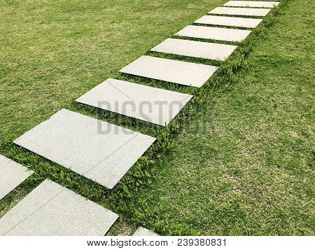 Stone Tiles Walkway Path On Fresh Cut Green Lawn