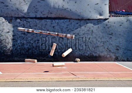 Gorodki - A Russian Folk Sports Game. In This Game You Need Specific Distances To Smash Figures Made