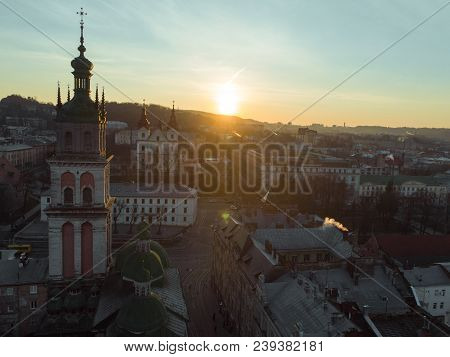 Beauty Panoramic View On Sunrise Over Old European City