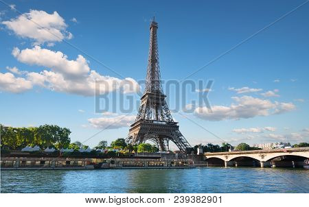 Eiffel Tower And Bridge Iena On The River Seine In Paris, France.