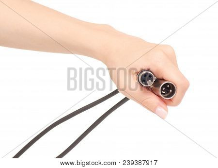 Xlr Cable In Hand Sound Microphone Electronic On White Background Isolation