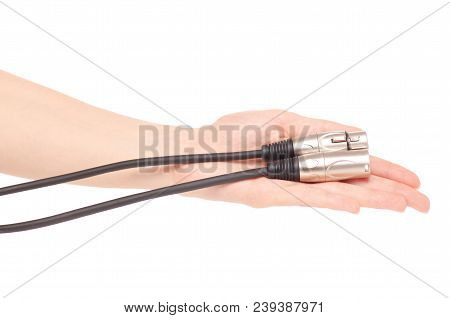Xlr Cable In Hand Sound Microphone Electronic On White Background Isolation