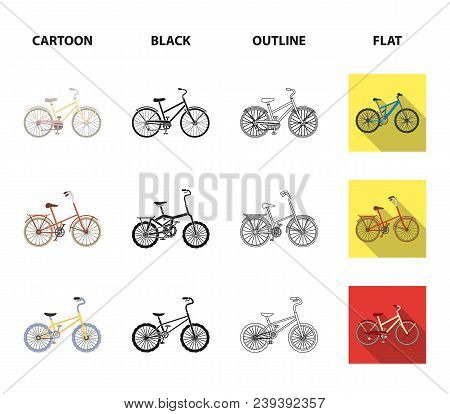 Children Bicycle And Other Kinds.different Bicycles Set Collection Icons In Cartoon, Black, Outline,