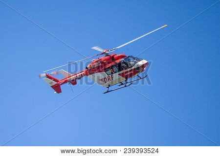 Delmenhorst / Germany - May 06, 2018: Eurocopter Bk-117 From Drf Luftrettung Flies Over Landing Side