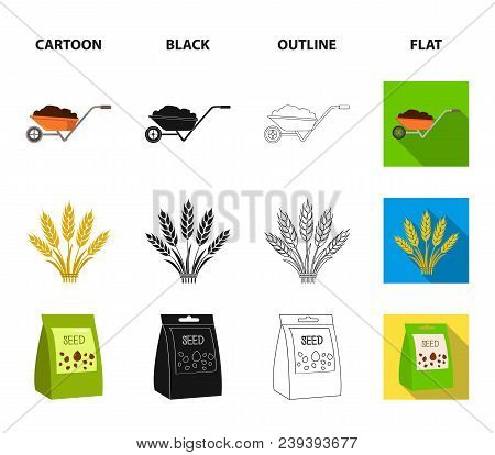 Spikelets Of Wheat, A Packet Of Seeds, A Tractor, Gloves.farm Set Collection Icons In Cartoon, Black