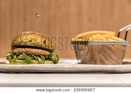 Chicken Hamberger with fries fast food