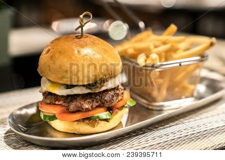 Beef Hamberger with fries fast food