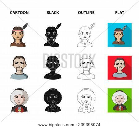 Chinese, Ukrainian, Russian, Eskimo. Human Race Set Collection Icons In Cartoon, Black, Outline, Fla