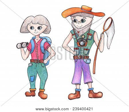Man And Woman Senior Traveler Hand-drawn Illustration. Smiling Aged Traveller. Grandmother And Grand