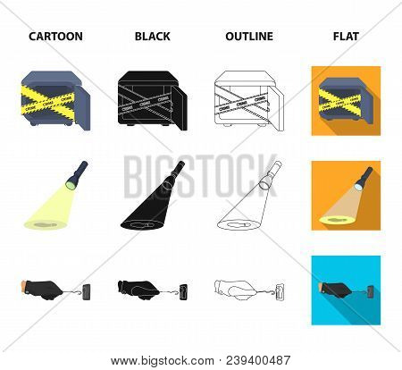 The Detective Flashlight Illuminates The Footprint, The Criminal Hand With The Master Key, A Pistol 