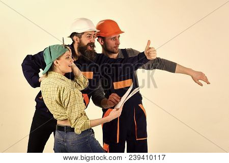 Brigade Of Workers, Repairers And Lady Happy About Results Of Repair, White Background. Brigadier, F