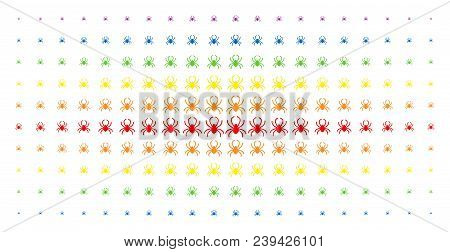 Spider Icon Spectral Halftone Pattern. Vector Spider Shapes Are Arranged Into Halftone Matrix With V