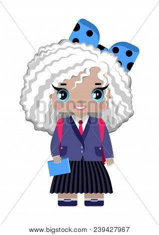 Little Girl, With White Curly Hair, Blue Eyes, Blue Bow And In School Uniform, Smiling, With School 