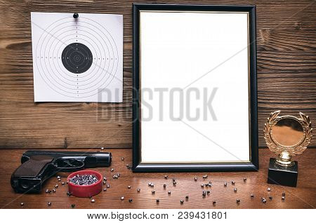 Best Shooter Diploma. First Place Winner In Shooting. Professional Shooter Certificate Mock Up. Gun,