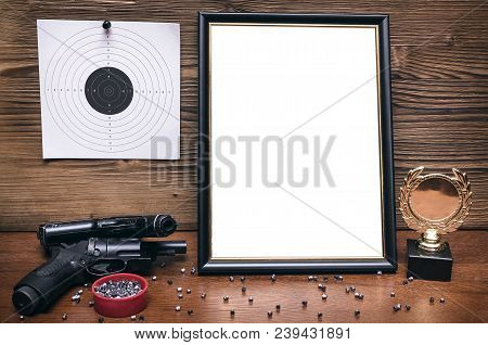 Best Shooter Diploma. First Place Winner In Shooting. Professional Shooter Certificate Mock Up. Gun,