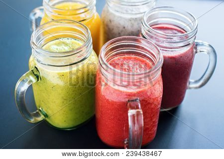 Assortment Fresh Range Color Juices Smoothie Green Yellow Red Violet White From Tropical Fruits Jar 