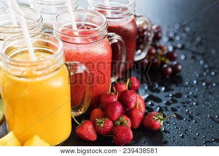 Set Fresh Range Color Juices Smoothie Green Yellow Red Violet White From Tropical Fruits Kiwi Mango 