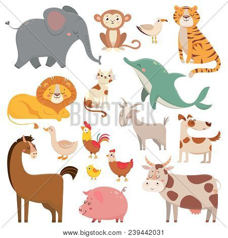 Child Cartoons Elephant, Gull, Dolphin, Wild Animal. Cute Pet, Farm And Jungle Animals Vector Cartoo