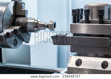 Tool Holder. Modern Metal-cutting Lathe With Manual Control.